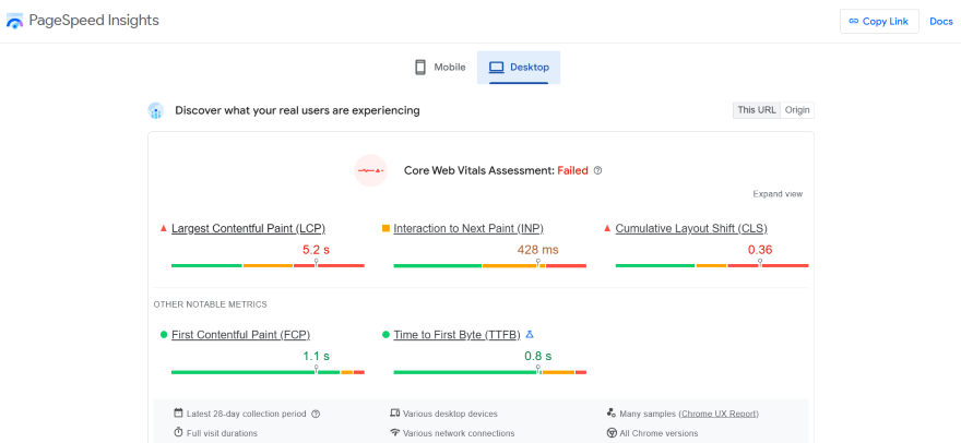 A Google PageSpeed Insight results on a site's speed and performance