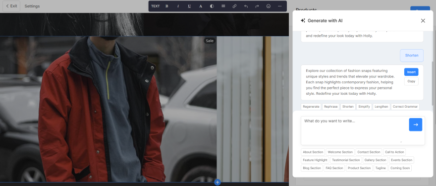 Website editor with a blurred photo of man in a red jacket and blue hoodie and a sidebar pop-up with an AI text prompt.