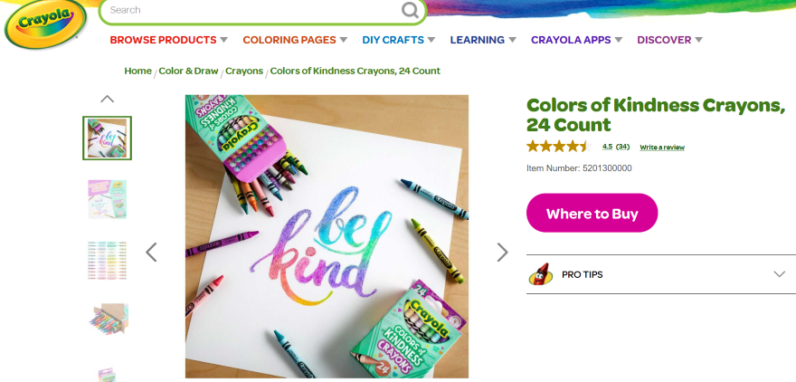 Crayola crayons displayed on a website, showcasing vibrant colors as a product imagery example.