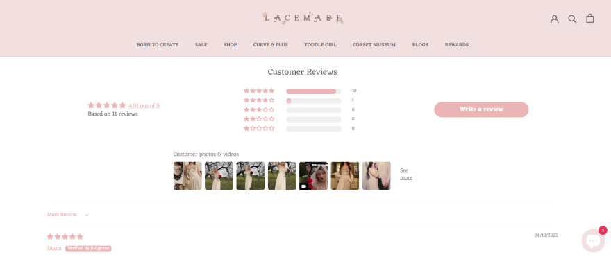 Clothing store website featuring a product page with a customer review section for user feedback.