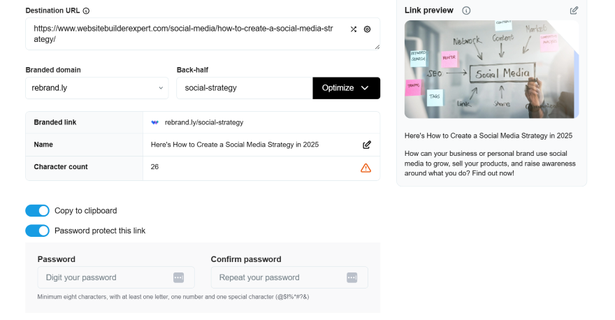 Screenshot of settings for a URL shortener like adding a branded back half