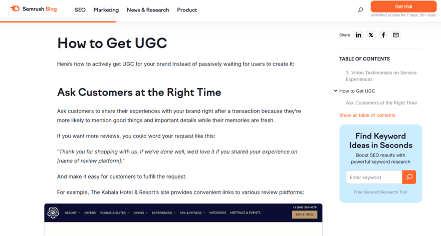 Semrush blog post about UGC