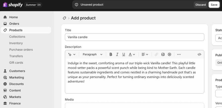 Shopify product page settings