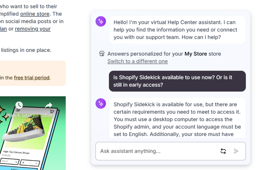 Shopify's AI live chat being asked about Shopify Sidekick