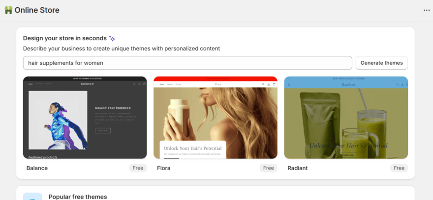 Shopify AI store setup tool showing 3 templates
