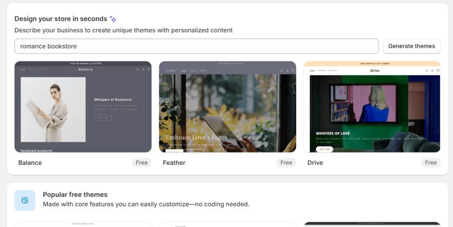 Shopify's AI store setup showing 3 generated templates for a "romance bookstore" prompt