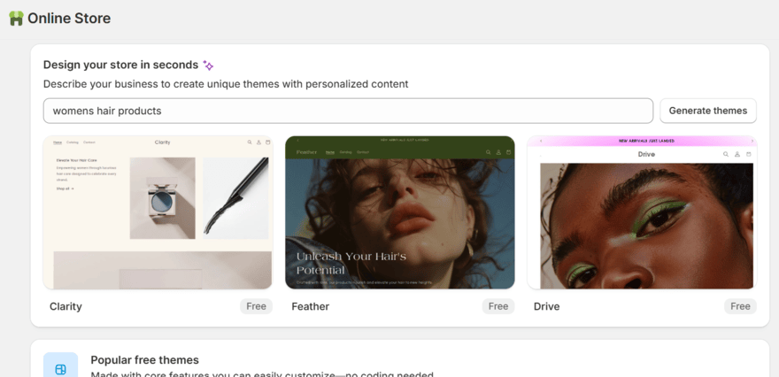 Shopify's AI generated templates for "womens hair products"