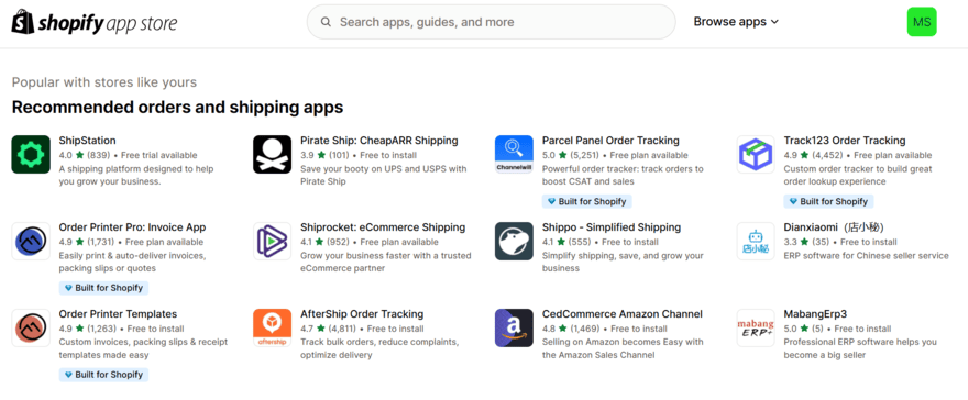 Page in Shopify's app market for shipping-related apps