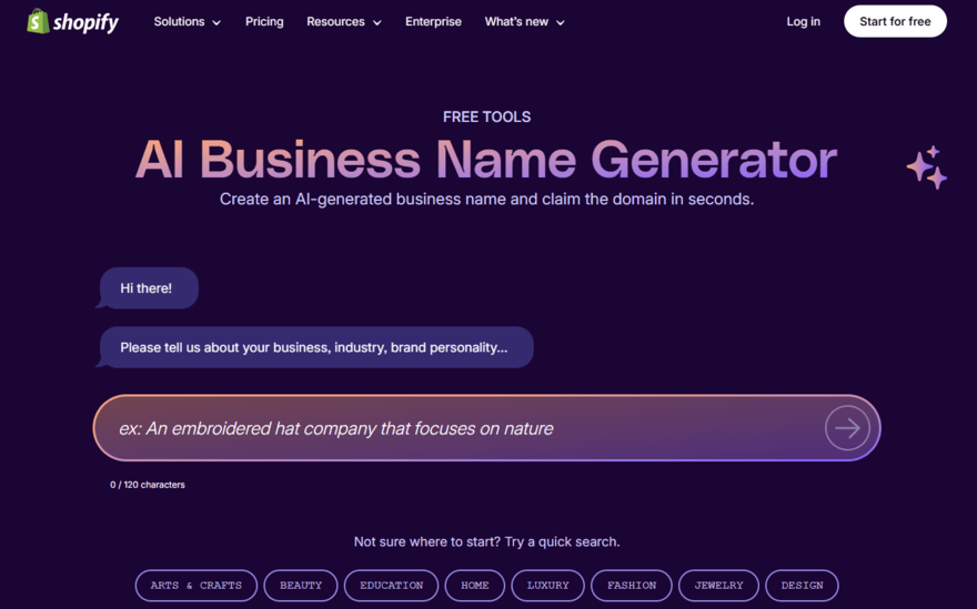 Shopify's AI business name generator homepage showing a prompt box to add to
