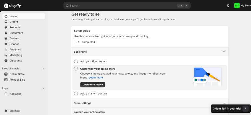A screenshot of a computer screen displaying a web page for setting up a Shopify store. The content includes sections for orders, customers, setup guide, finance, analytics, and marketing.