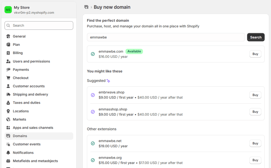 Selection of domain name options offered by Shopify in the domain settings page