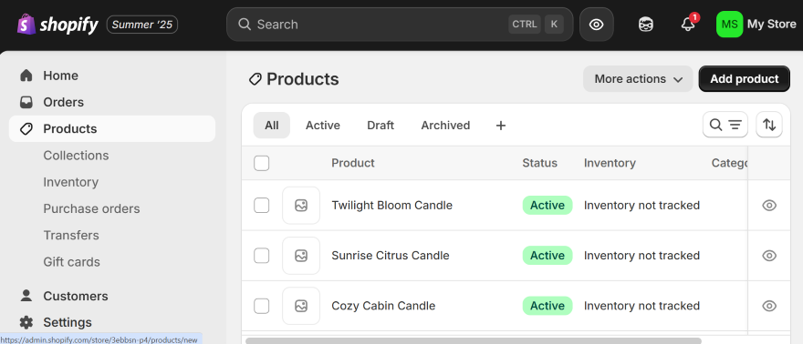 Shopify admin interface displaying a list of active products, including three candles with their statuses and inventory details.