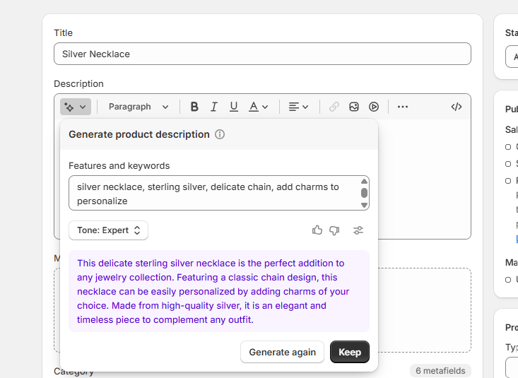Shopify Magic generating product descriptions for a silver necklace