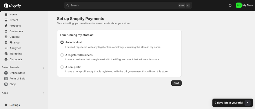 Screenshot of a user's screen when setting up Shopify Payments from their dashboard