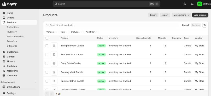 List of products in Shopify Dashboard after a CSV is uploaded