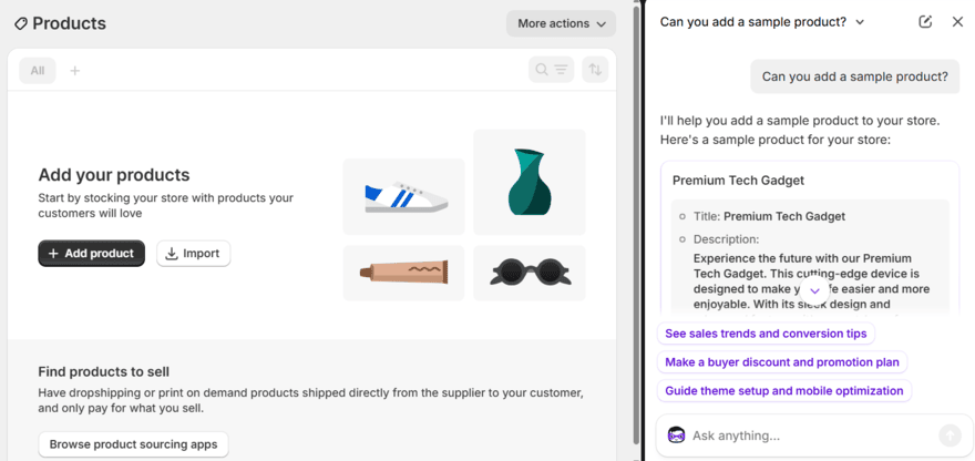 Shopify Sidekick supporting me with creating a new product in Shopify