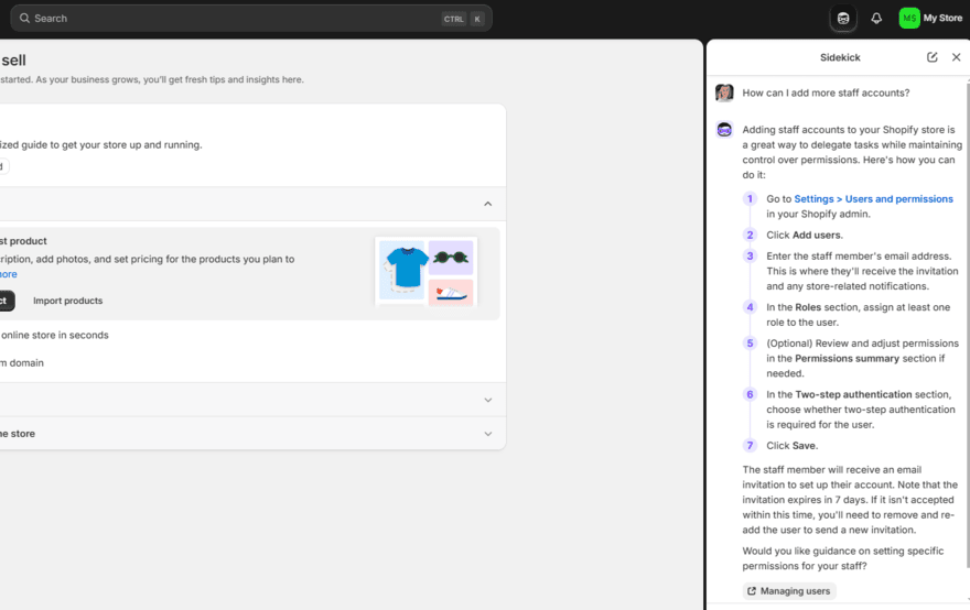 Shopify Sidekick chat about adding extra staff accounts to a Shopify site
