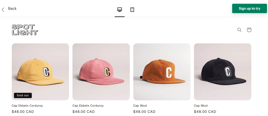 Preview of Shopify's "Spotlight" template