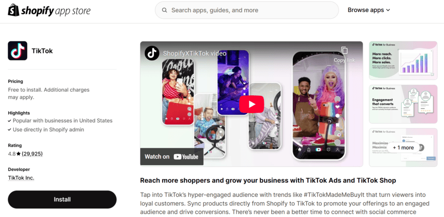 TikTok app product page in Shopify's app store