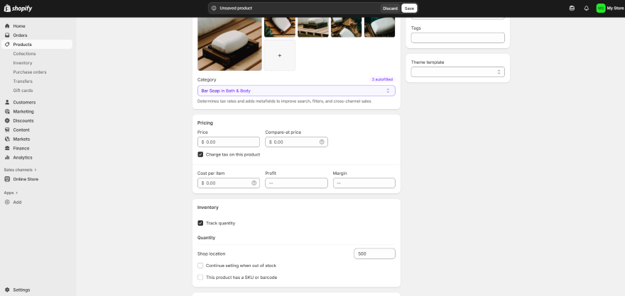 Screenshot of a Shopify product editing interface, showcasing sections for category, pricing, inventory, and product details.