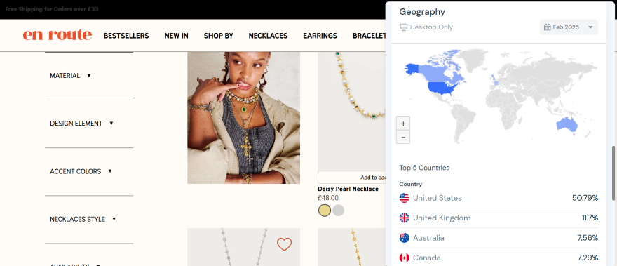 A online jewellery store alongside a page pop-up showcasing the countries its most popular in