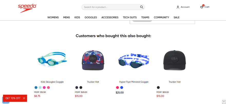 Screenshot of Speedo's checkout with product recs of other items shoppers has bought