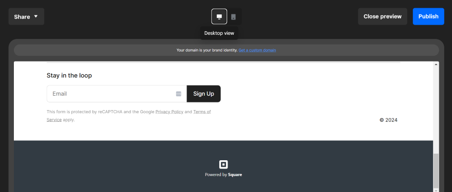 Screenshot of a preview of a Square Online website with a branded footer saying "Branded with Square"