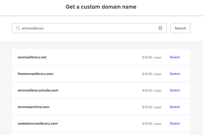 Square Online domain name pricing for the search "emmaslibrary"