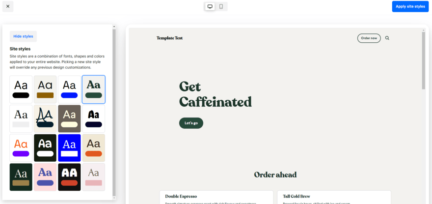 A grid of site styles to choose from in Square Online's website editor