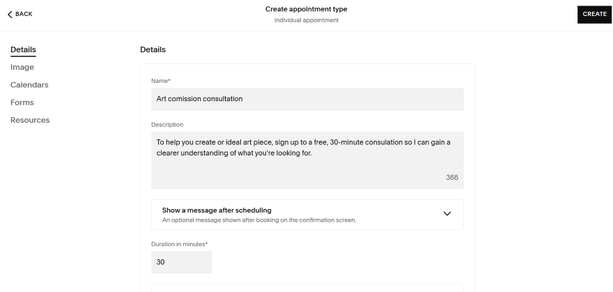 A form to create an individual art commission consultation appointment, detailing duration and description options.