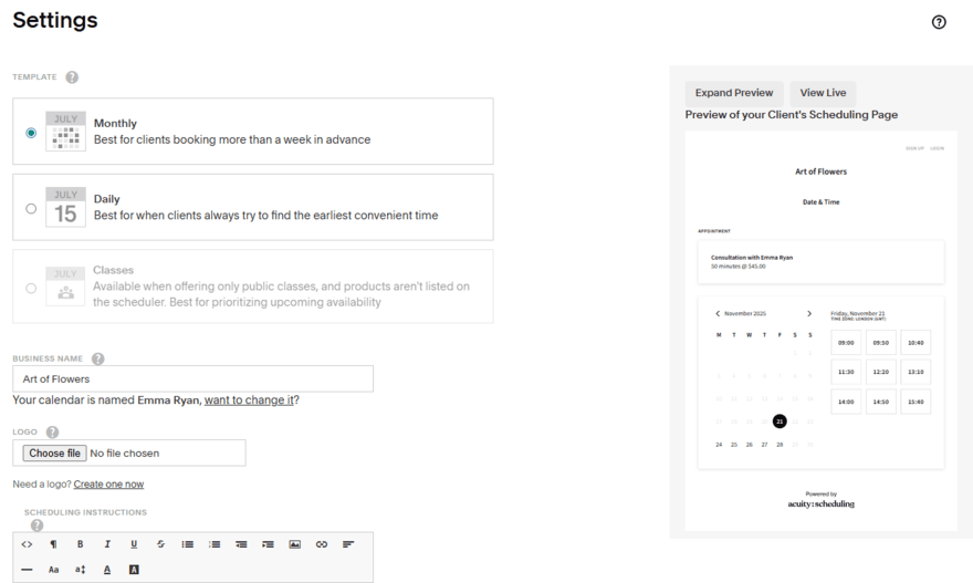 Squarespace Acuity scheduling settings page