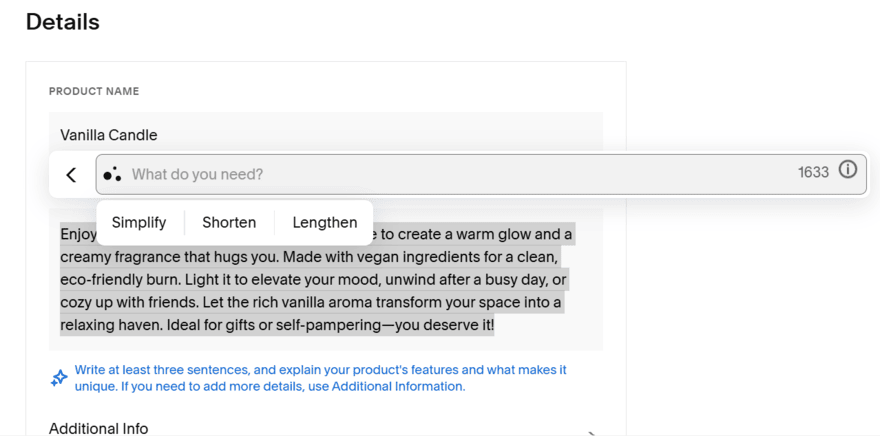 Squarespace's AI text generator creating a product description about a vanilla candle
