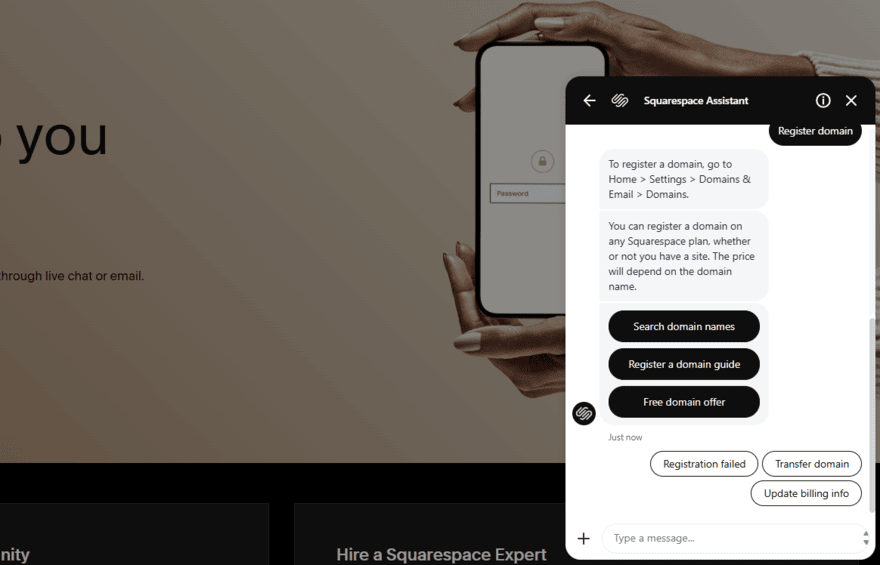 Squarespace chatbot assistant in the help center