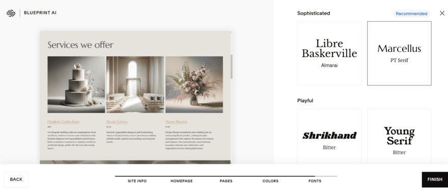 Squarespace Blueprint AI builder showing the step to choose a font type
