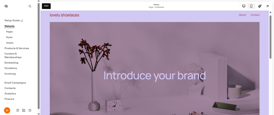 A Squarespace website in editor view focused on a hero image and header