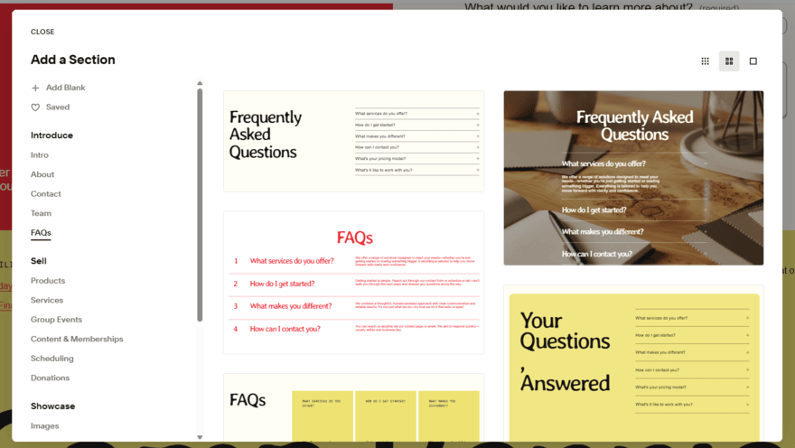 Squarespace FAQ element styles in the website editor