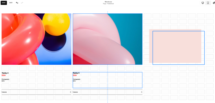 Colorful abstract shapes, featuring pink, red, and yellow balloons against a blue background, with a blank white outlined space.