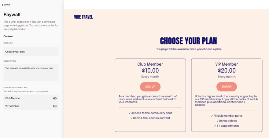 Squarespace paywall page showing two membership plans