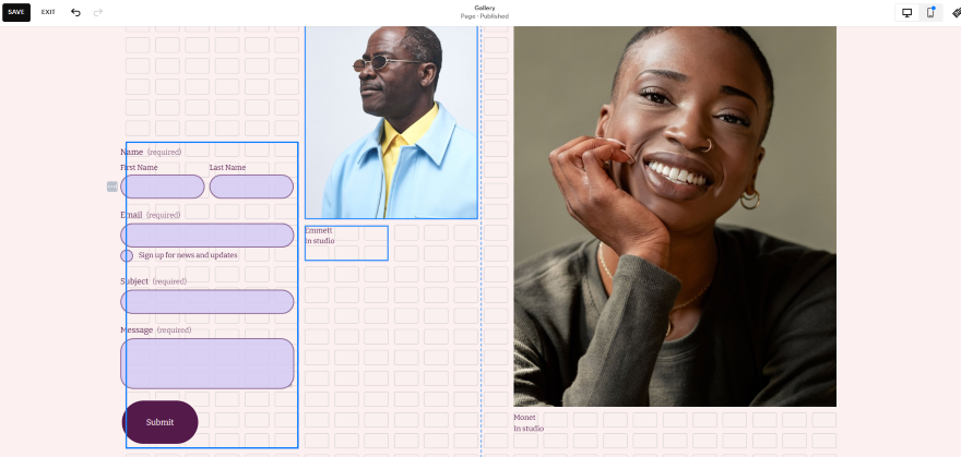 A form for submitting information alongside a gallery image of a person in a studio setting. The layout features labeled fields to fill.