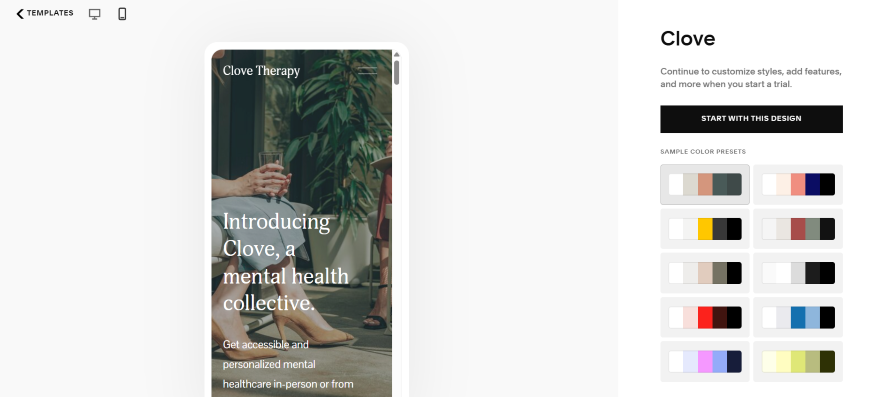 A Squarespace website in mobile view with different color options in the sidebar
