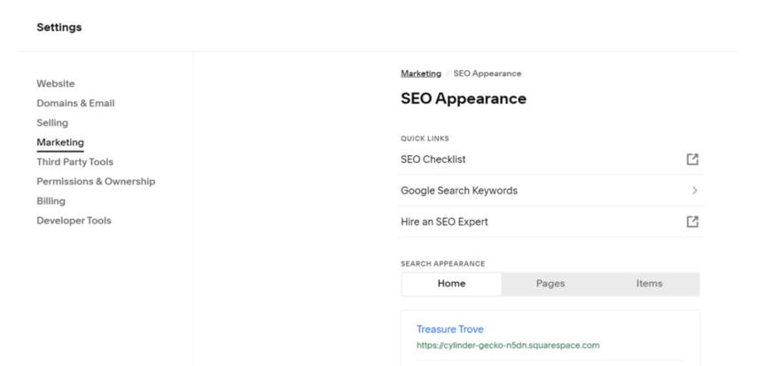Squarespace dashboard showing SEO settings