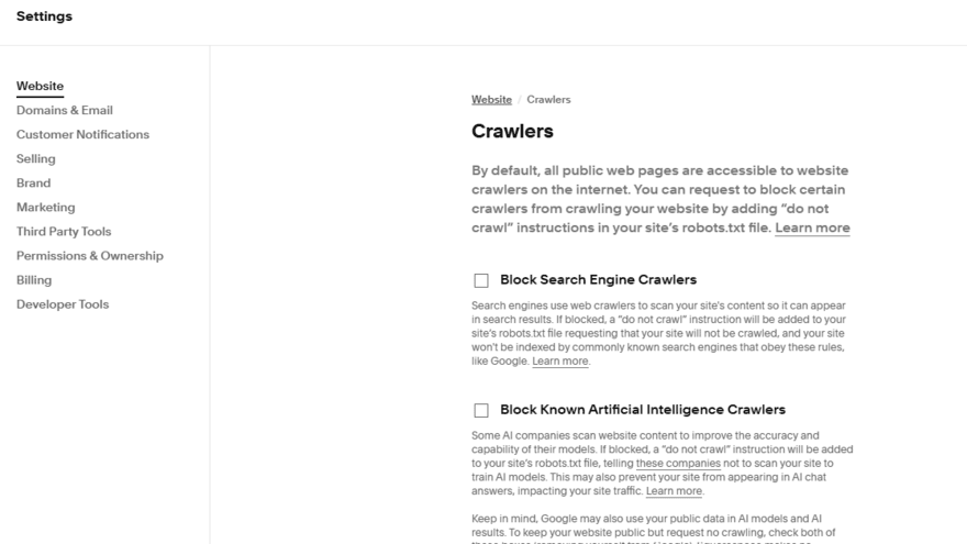 Squarespace settings showing the option to block search engine and AI search engines crawling the site