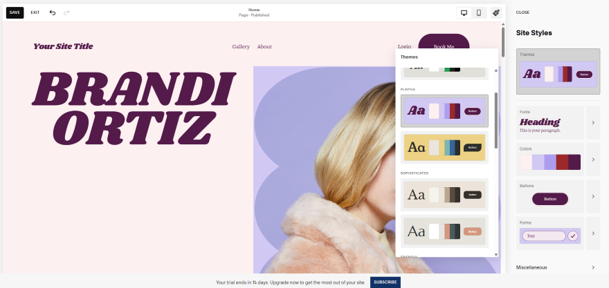 Squarespace website design interface showcasing "BRANDI ORTIZ" title with theme options and color palettes for customization.