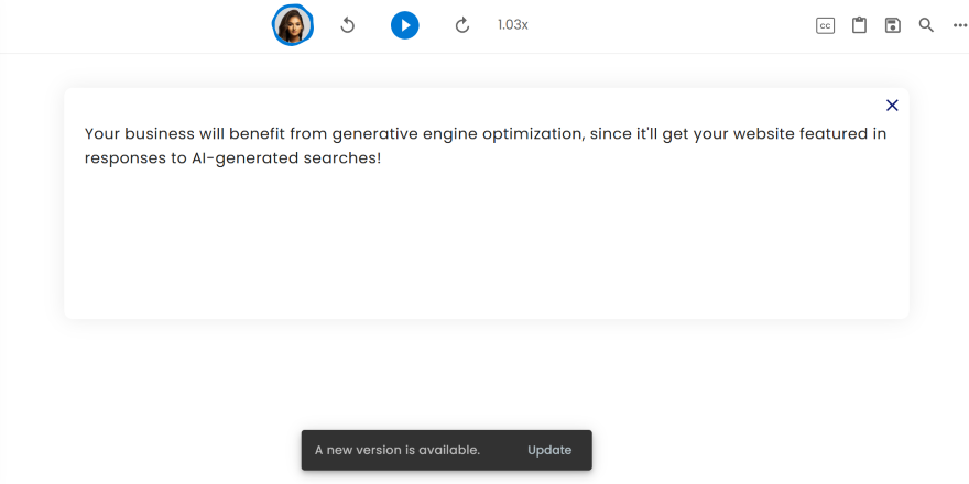 A message on a computer screen discusses the benefits of generative engine optimization for businesses in AI-generated searches.