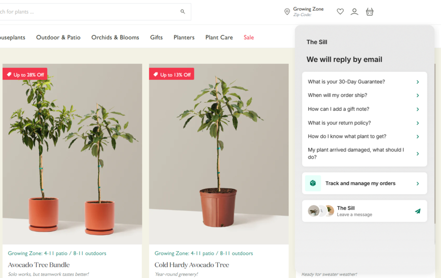 The Sill customer service pop up