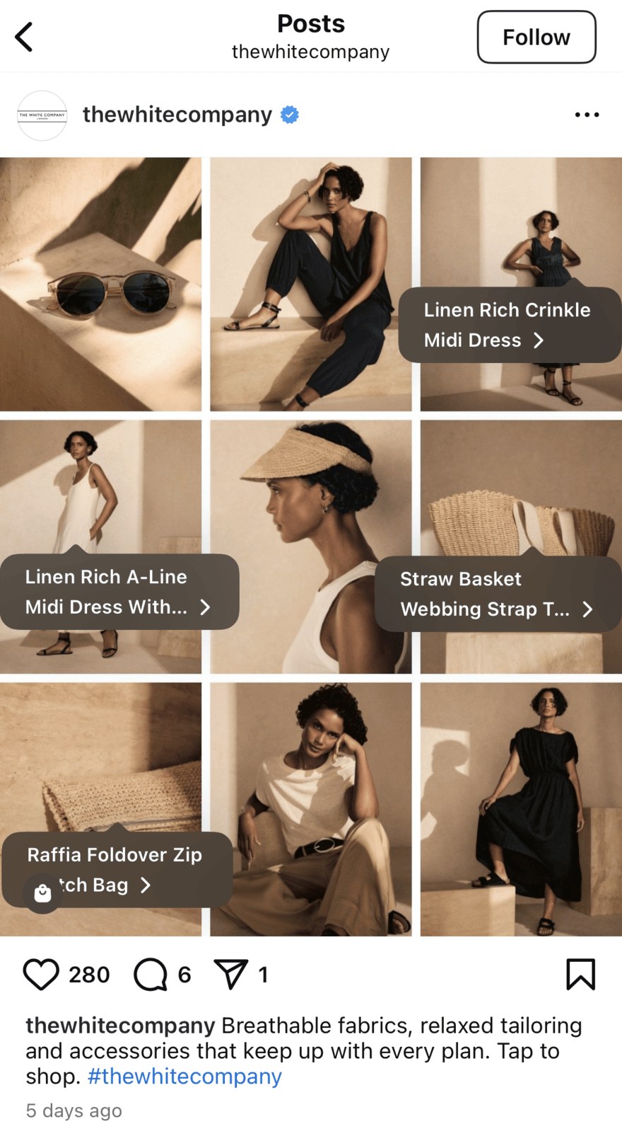 grid collage of 9 photos of a female model with four product tags