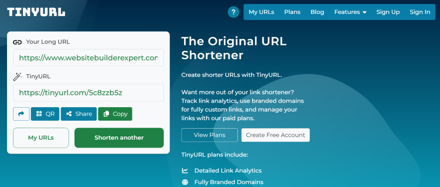 Screenshot of TinyURL homepage with a long URL turned into a short URL
