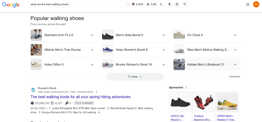 Google search results page for "what are the best walking shoes" showing popular shoe brands and models, including images and links to related articles and products.