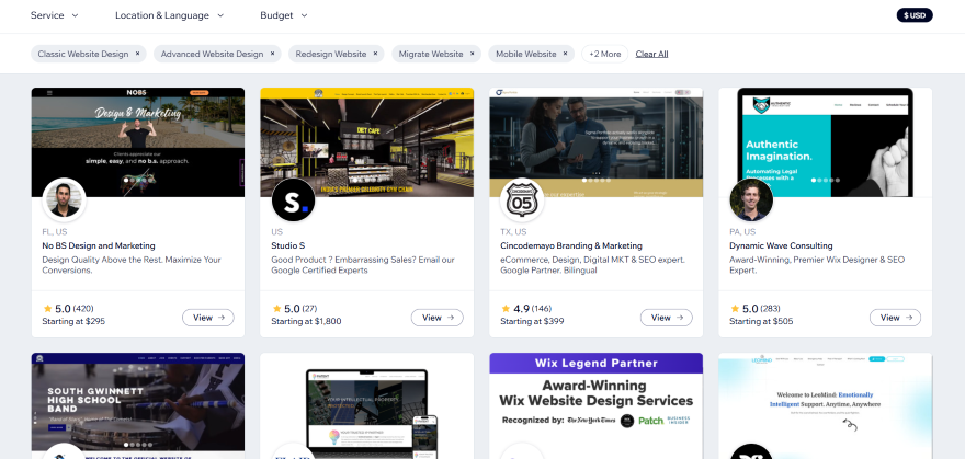 Grid of website design service listings, showcasing various agencies with ratings, starting prices, and services offered.