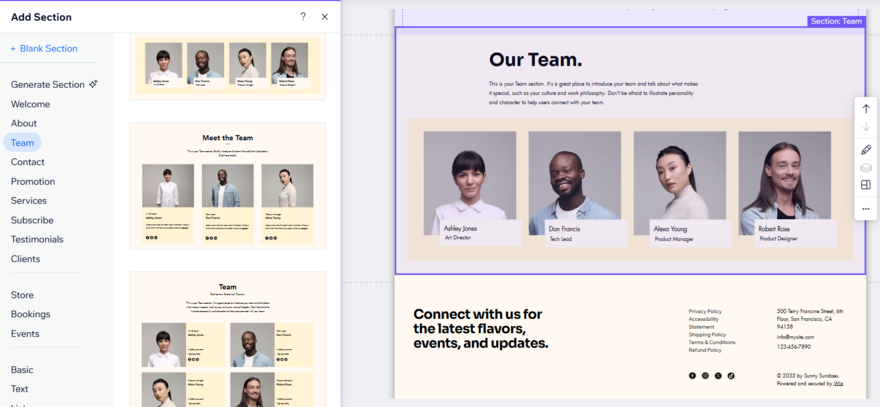 Team section designs in Wix's website editor
